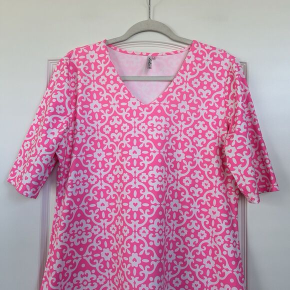 LULU B Womens Dress Sz L Pink Geometric Print Elbow Sleeve Jersey Stretch V Neck - Picture 1 of 11